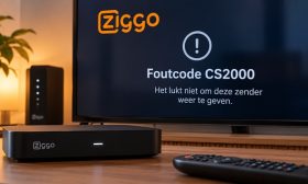 mediabox met daarachter een smart tv waarop het logo van ziggo te zien is en foutcode cs2000