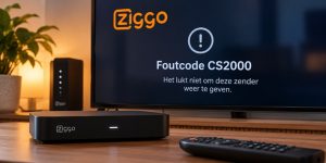 mediabox met daarachter een smart tv waarop het logo van ziggo te zien is en foutcode cs2000