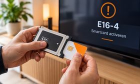 man die een ziggo smartcard opnieuw in de houder stopt waarbij op de achtergrond een tv te zien is met foutcode e16-4